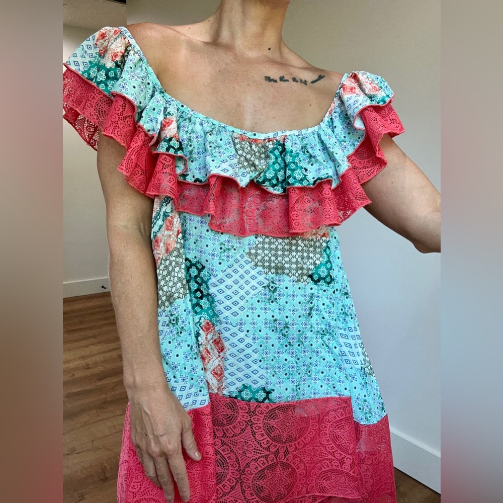 Sugarfox Ruffled Drape Shoulder Coral Tunic Top Plus Size - 2XL